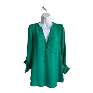 Kenneth Cole Reaction Emerald Green Roll-Tab Sleeve Blouse